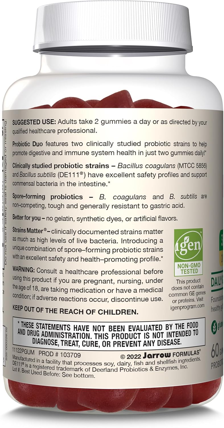 Jarrow Formulas® Probiotic Duo Raspberry Flavor Gummies, 60 Count, 3 Billion Live Cells for Immune Health & Digestive Support