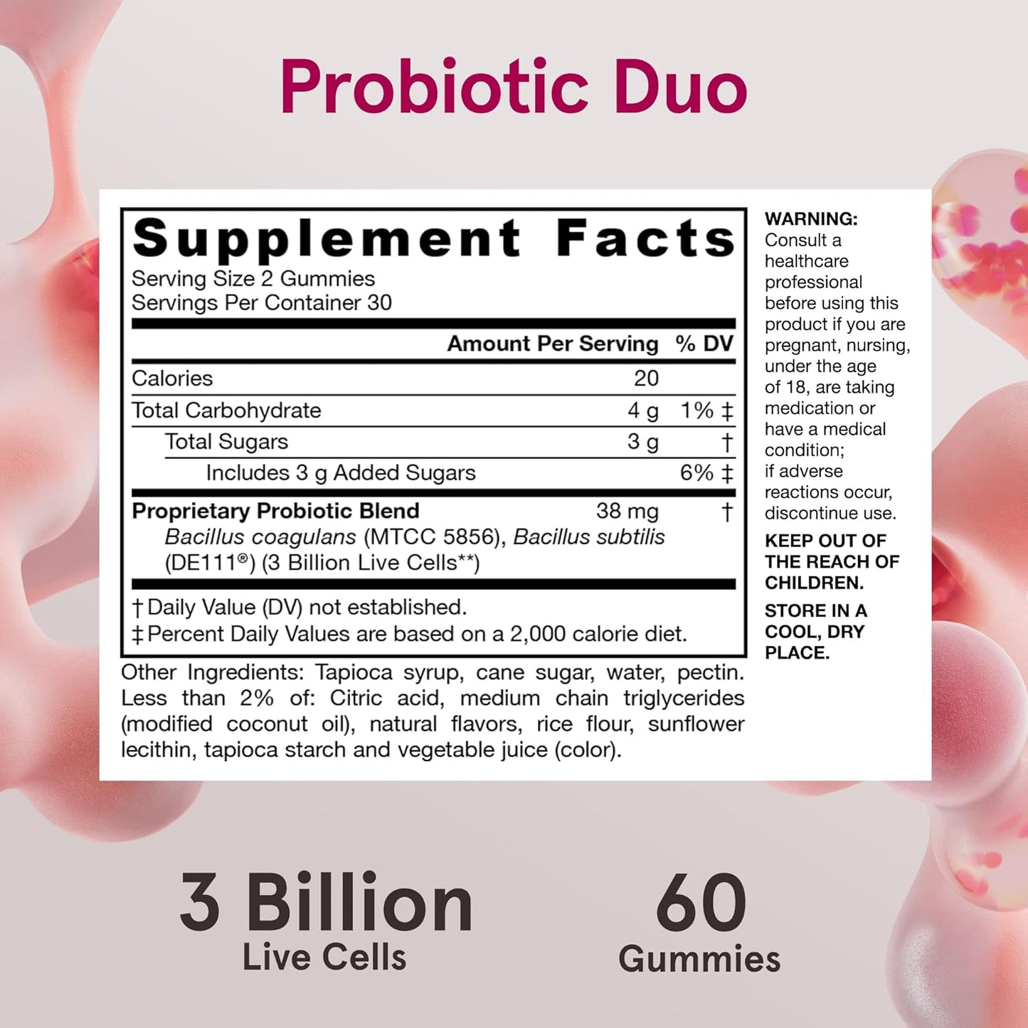 Jarrow Formulas® Probiotic Duo Raspberry Flavor Gummies, 60 Count, 3 Billion Live Cells for Immune Health & Digestive Support