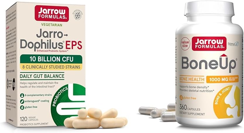 Jarrow Formulas Probiotics & Bone Support Bundle: Jarro-Dophilus EPS + BoneUp with Vitamin D3, K2, Calcium