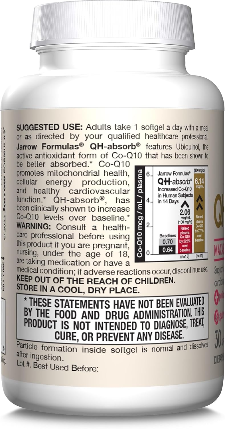 Jarrow Formulas QH-Absorb Ubiquinol 200mg Softgels - Cardiovascular Support - 30 Day Supply
