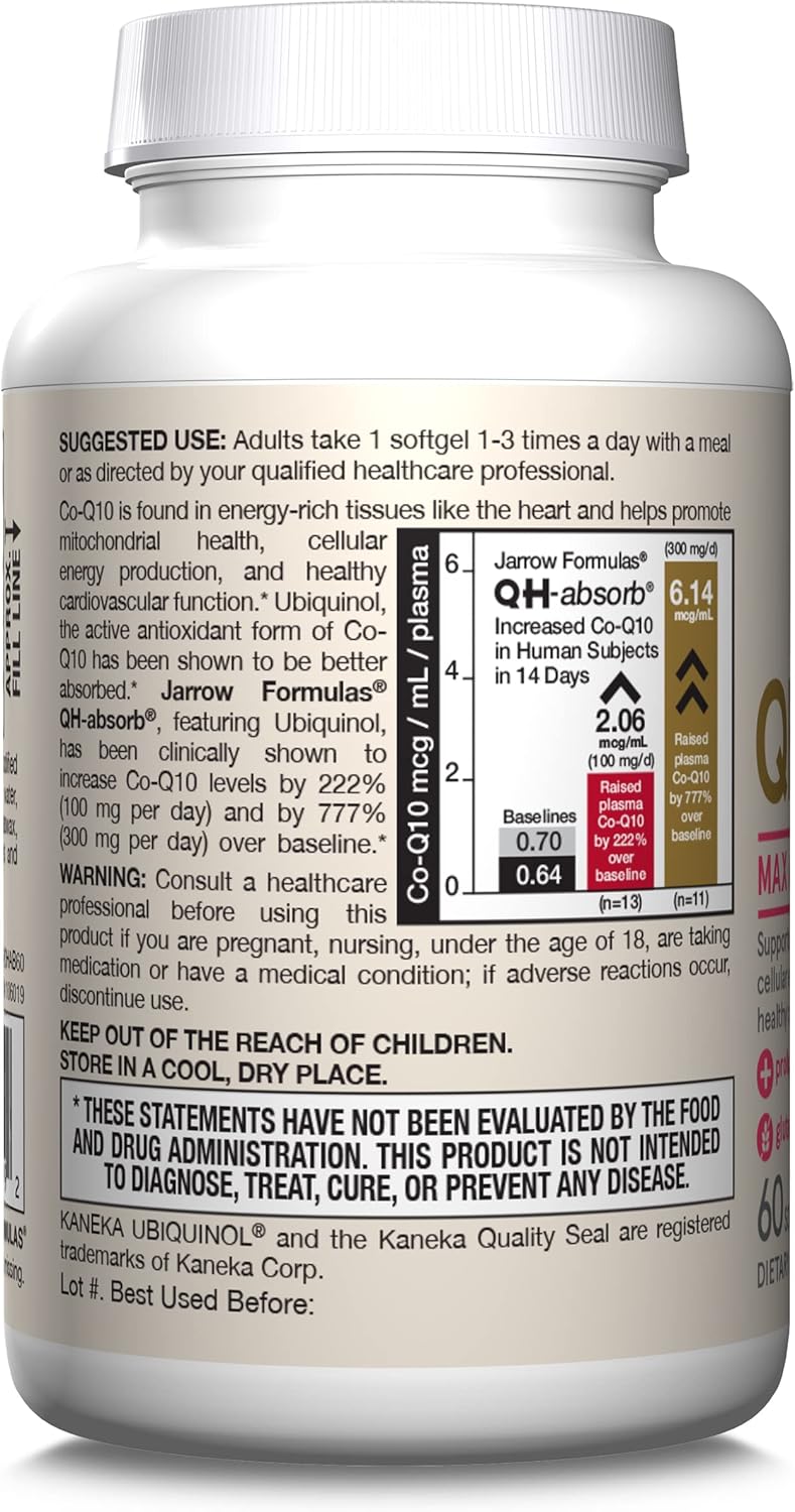 Jarrow Formulas QH-Absorb Ubiquinol Supplement 100mg Softgels - Cardiovascular Health - 60 Day Supply