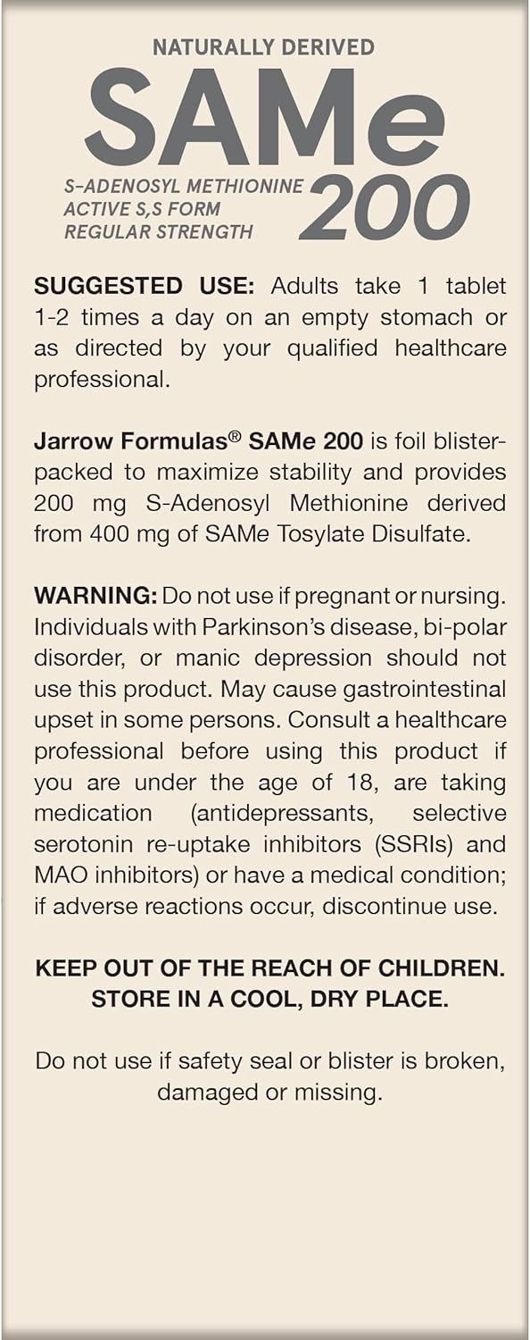 Jarrow Formulas Same 200 mg Tablets - Supports Joint Health, Liver Function, Brain Metabolism - High Concentration Active S,S Form - Antioxidant Defense - 60 Servings