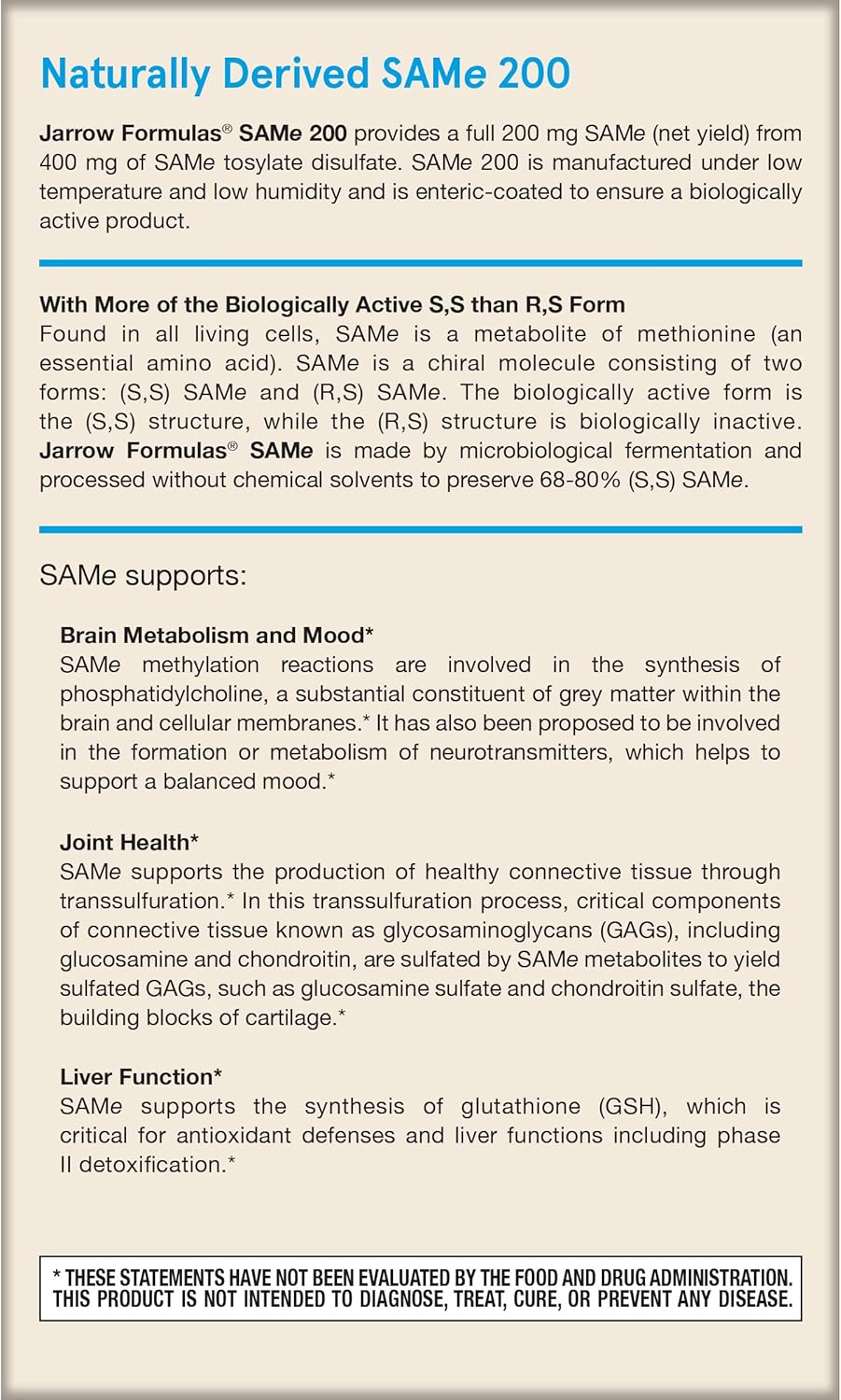 Jarrow Formulas SAMe 200 mg Tablets for Joint Health, Liver Function, and Brain Metabolism - 20 Day Supply