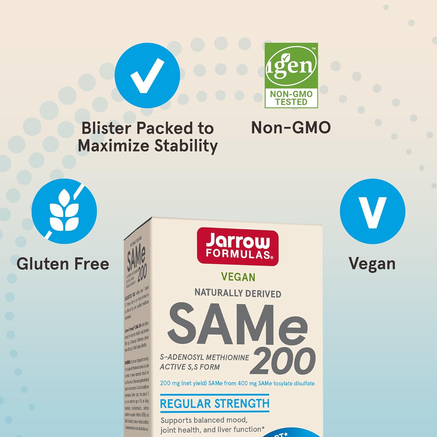 Jarrow Formulas® SAMe 200 mg Tablets for Joint Health, Liver Function, Brain Metabolism - 60 Day Supply