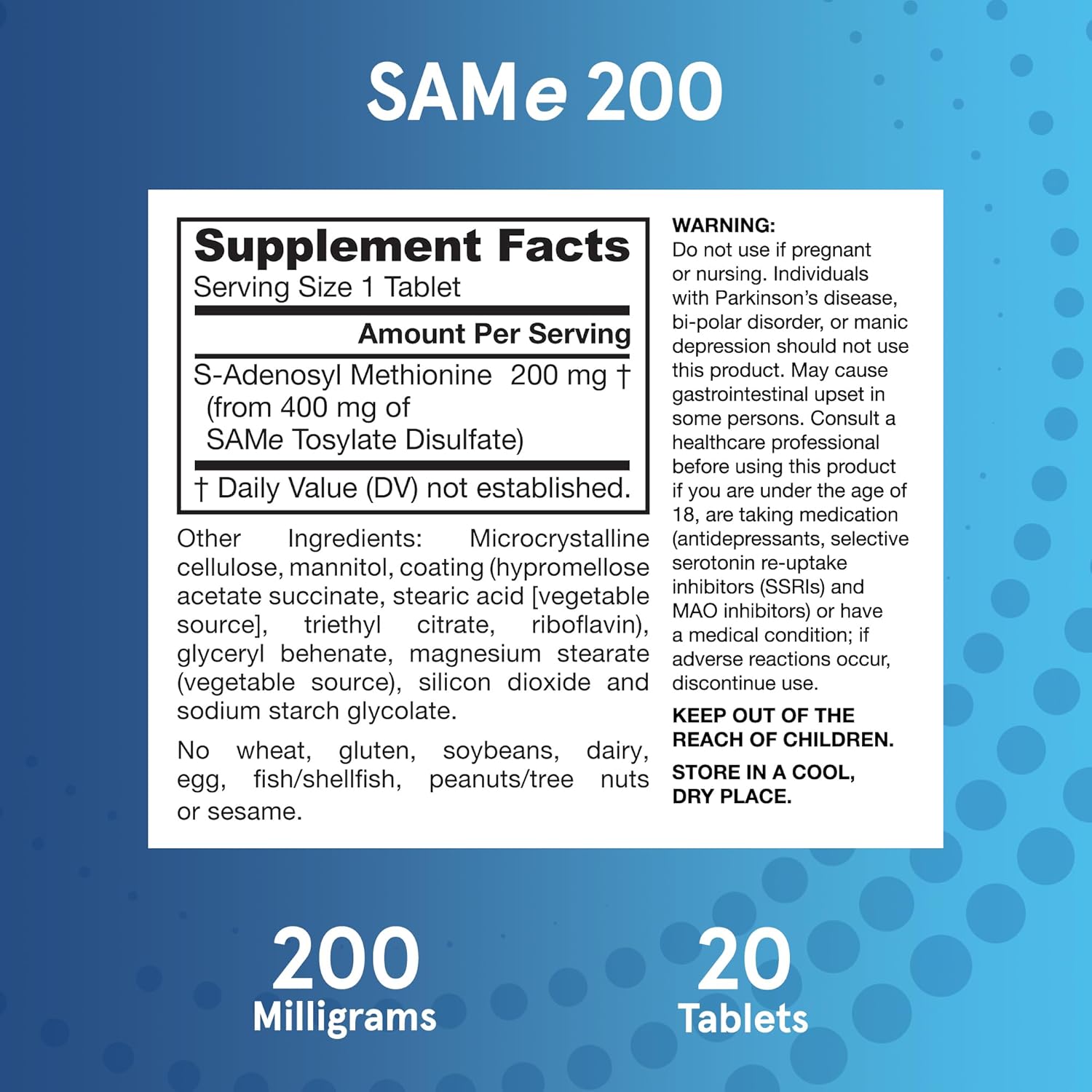 Jarrow Formulas SAMe 200 mg Tablets for Joint Health, Liver Function, and Brain Metabolism - 20 Day Supply