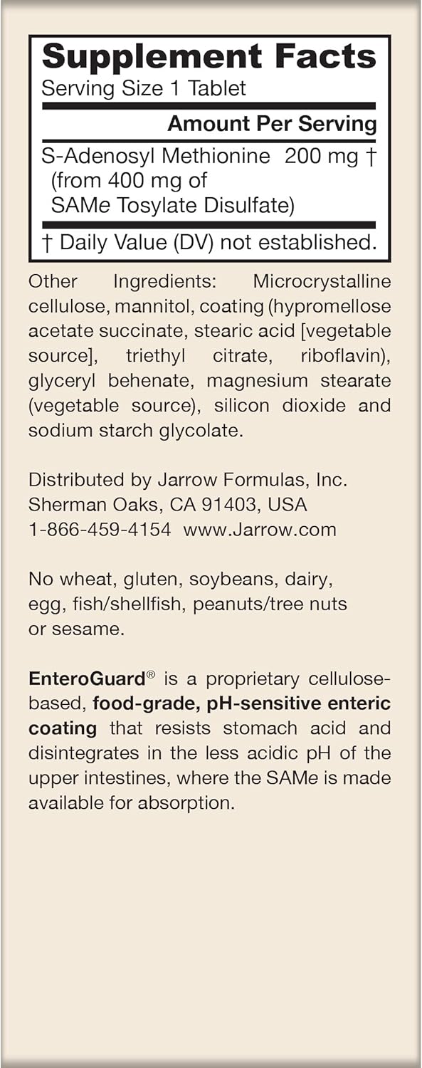 Jarrow Formulas SAMe 200 mg Tablets for Joint Health, Liver Function, and Brain Metabolism - 20 Day Supply