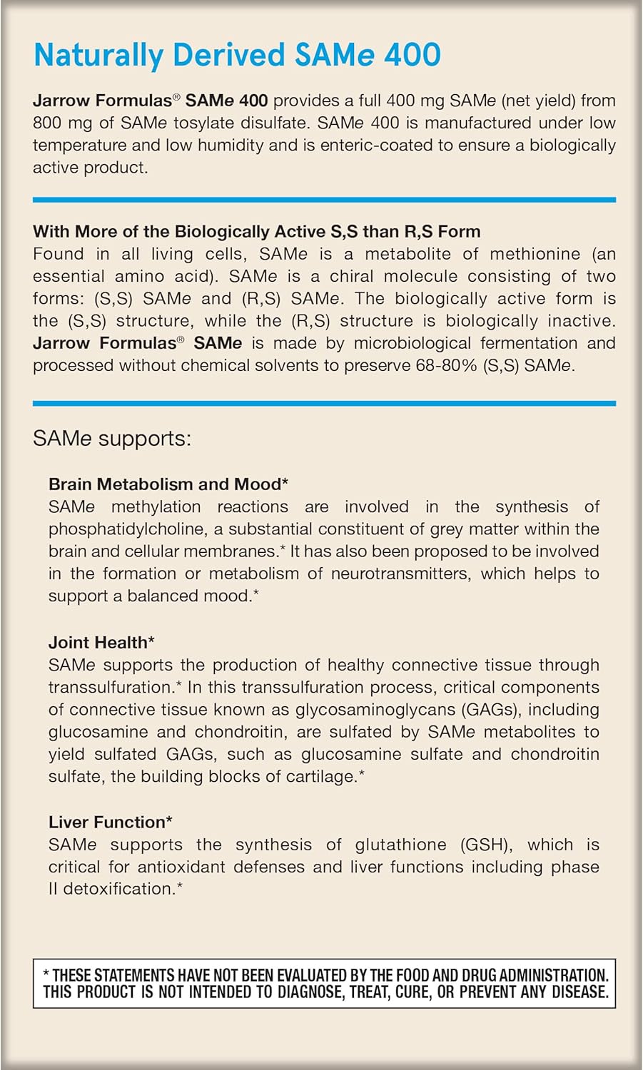 Jarrow Formulas Same 400 mg Tablets for Joint Health, Liver Function, Brain Metabolism - Pack of 12 - 60 Day Supply