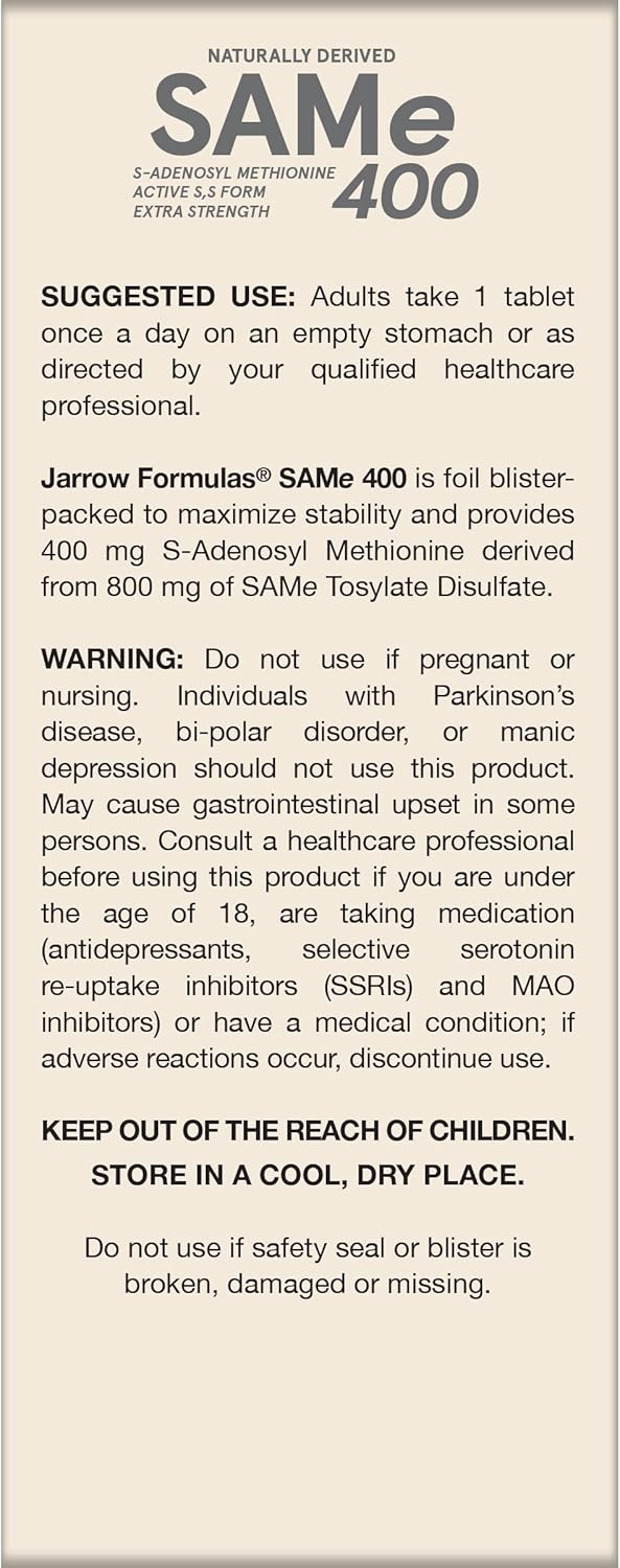 Jarrow Formulas Same 400 mg Tablets for Joint Health, Liver Function, Brain Metabolism - Pack of 12 - 60 Day Supply