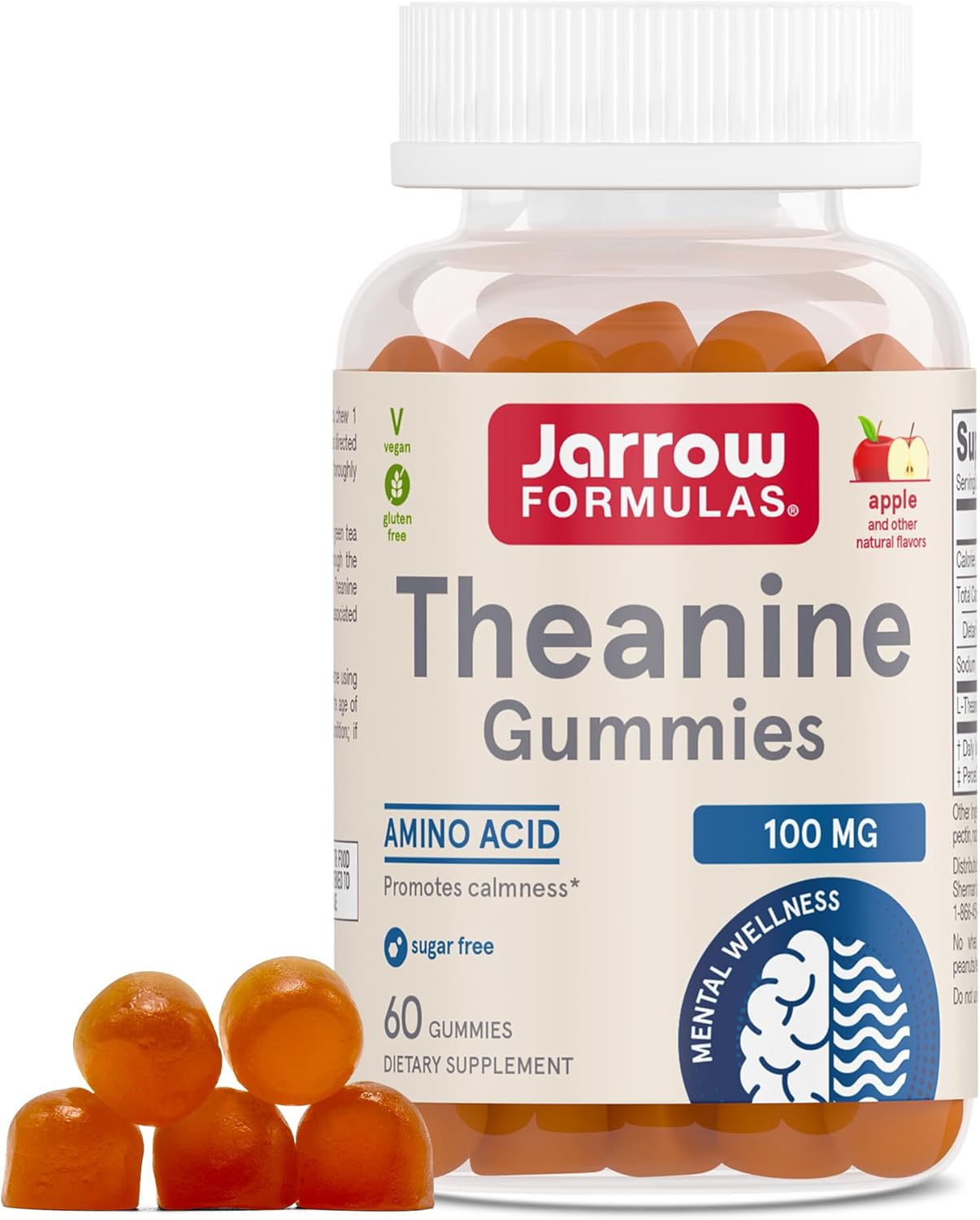Jarrow Formulas Theanine 100 mg Gummies - Apple-Flavored Dietary Supplement for Calmness - 60 Day Supply