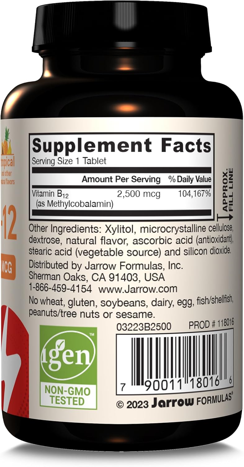 Jarrow Formulas Ultra Strength Methyl B-12 Chewable Tablets - 100 Day Supply, Tropical Flavor - Pack of 12 - Energy Production Supplement