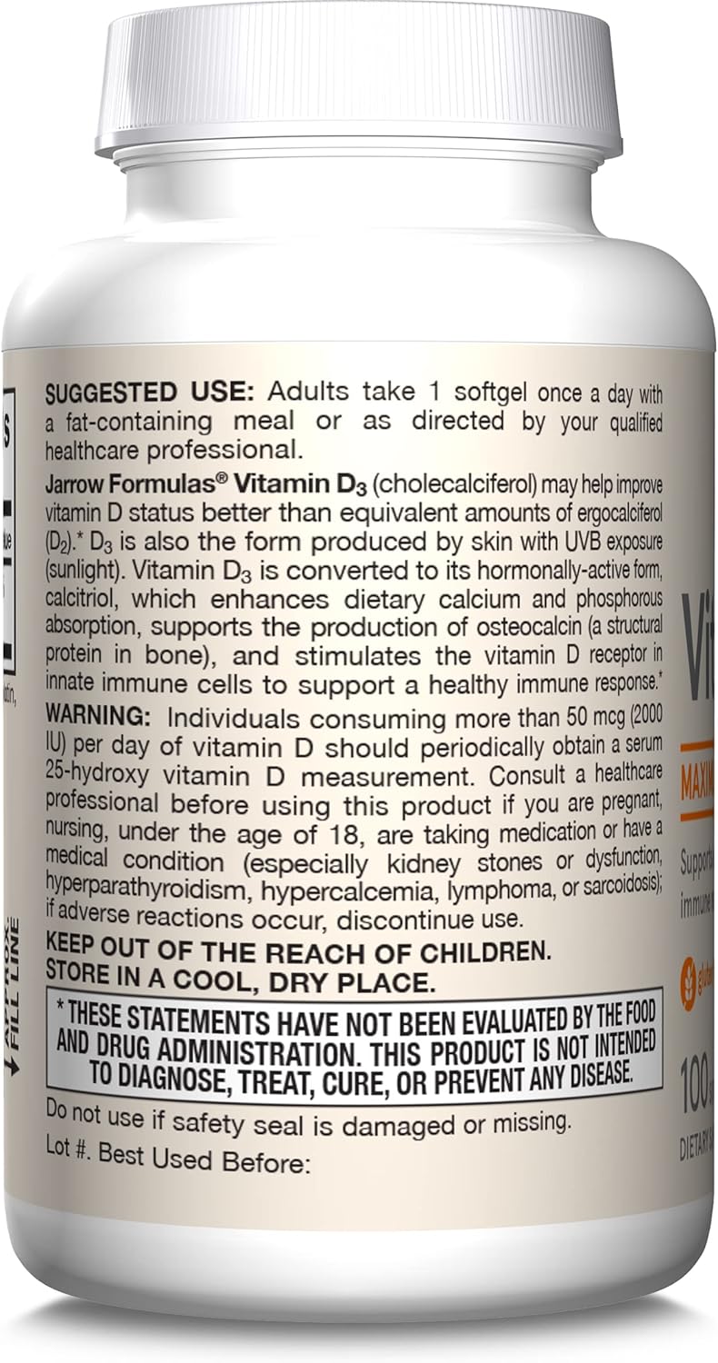 Jarrow Formulas Vitamin D3 5000 IU Softgels - 100 Servings - Bone Health, Immune & Calcium Support - Gluten-Free D3 Supplement