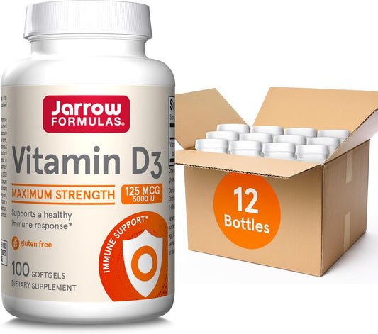 Jarrow Formulas Vitamin D3 Softgels - 5000 IU, 100 Servings - Bone & Immune Support, Calcium Metabolism - Gluten-Free - Pack of 12