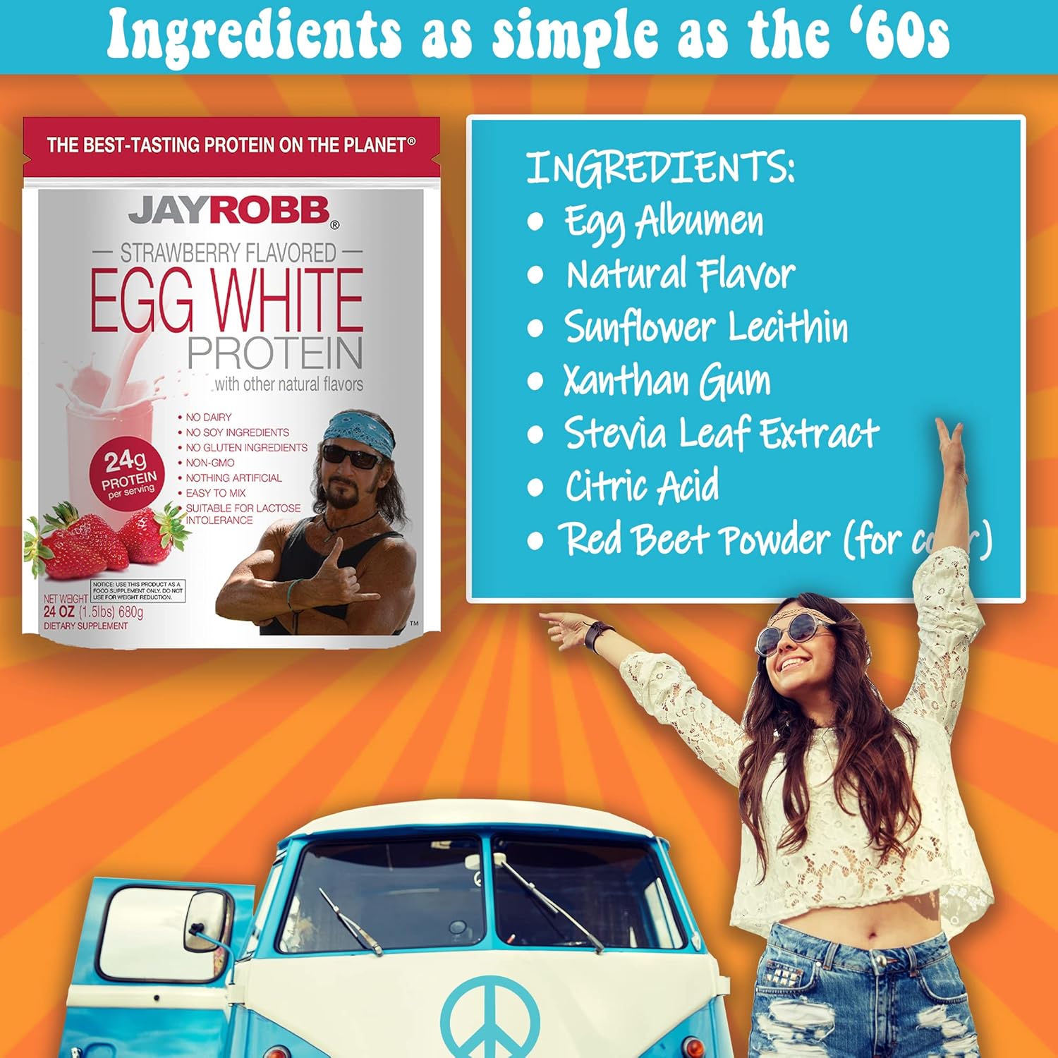 Jay Robb Strawberry Egg White Protein Powder - Low Carb Keto Vegetarian Gluten Free Lactose Free Non-GMO No Sugar Added No Soy No Artificial Ingredients Best-Tasting - 12 oz