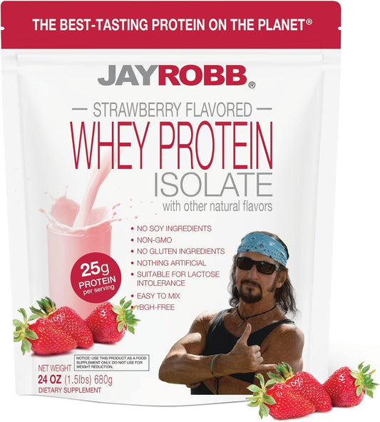 Jay Robb Whey Isolate Protein Powder - Low Carb, Keto, Vegetarian, Gluten Free, Lactose Free - Non-GMO, No Sugar Added - Best-Tasting Strawberry Flavor - 24 oz