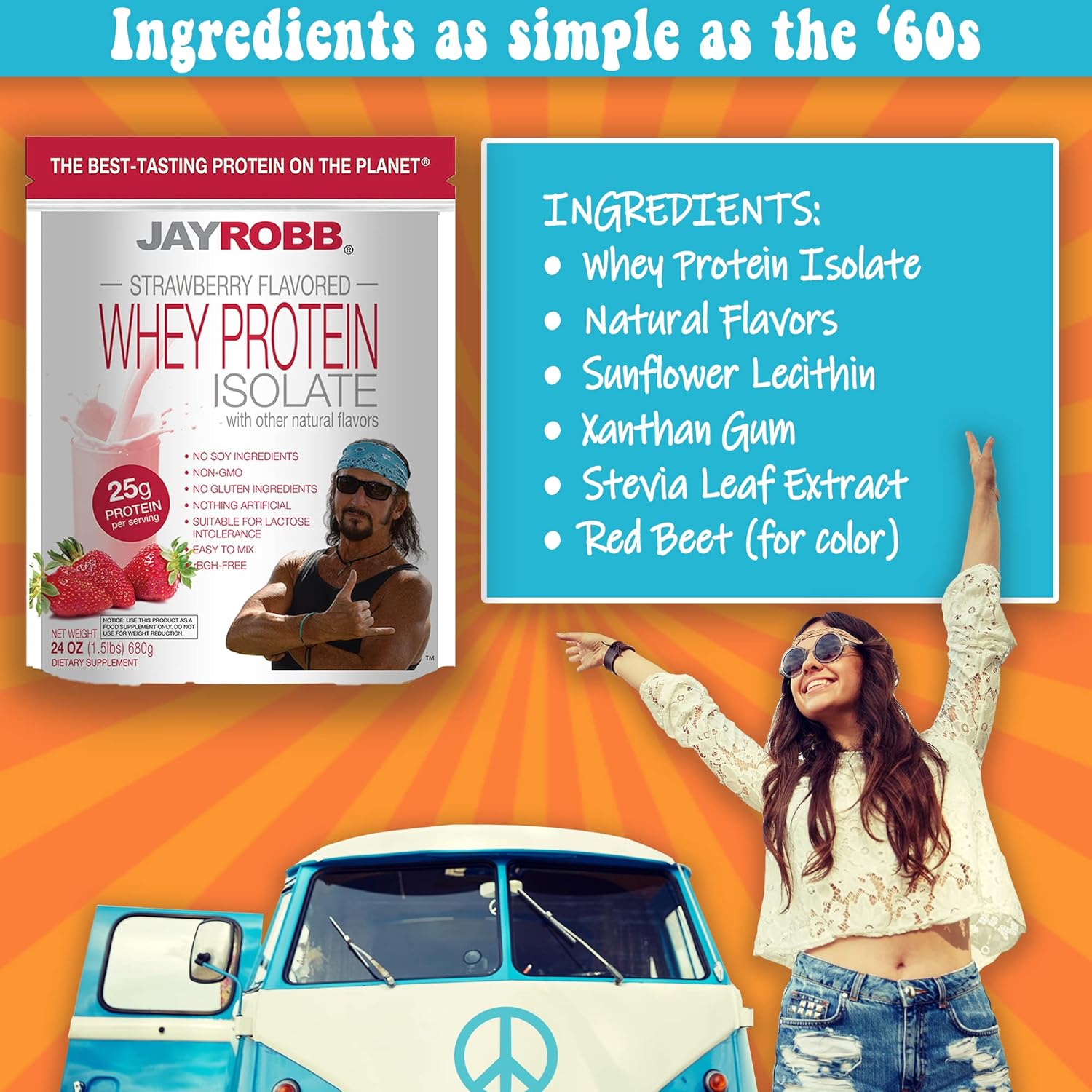 Jay Robb Whey Isolate Protein Powder - Low Carb, Keto, Vegetarian, Gluten Free, Lactose Free - Non-GMO, No Sugar Added - Best-Tasting Strawberry Flavor - 24 oz