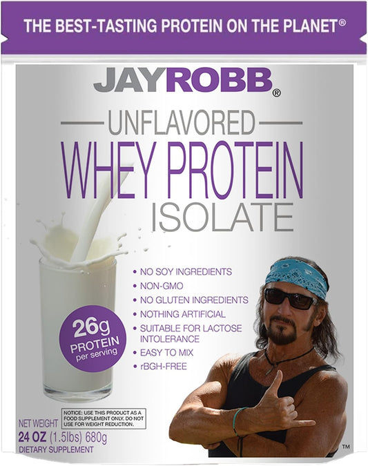 Jay Robb Whey Isolate Protein Powder - Unflavored, Low Carb, Keto-Friendly, Vegetarian, Gluten-Free, Lactose-Free, No Sugar/Fat/Soy, Non-GMO - 24 oz - Best-Tasting & Natural