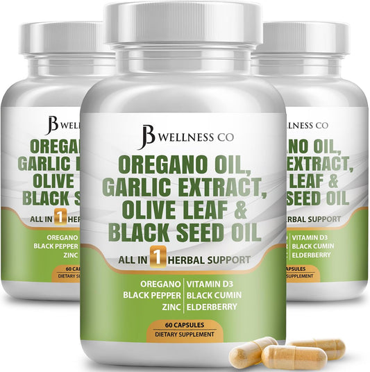 JB Wellness Co Immune Support Supplement for Women and Men - Oregano Oil, Garlic Extract, Olive Leaf, Astragalus - 180 Count