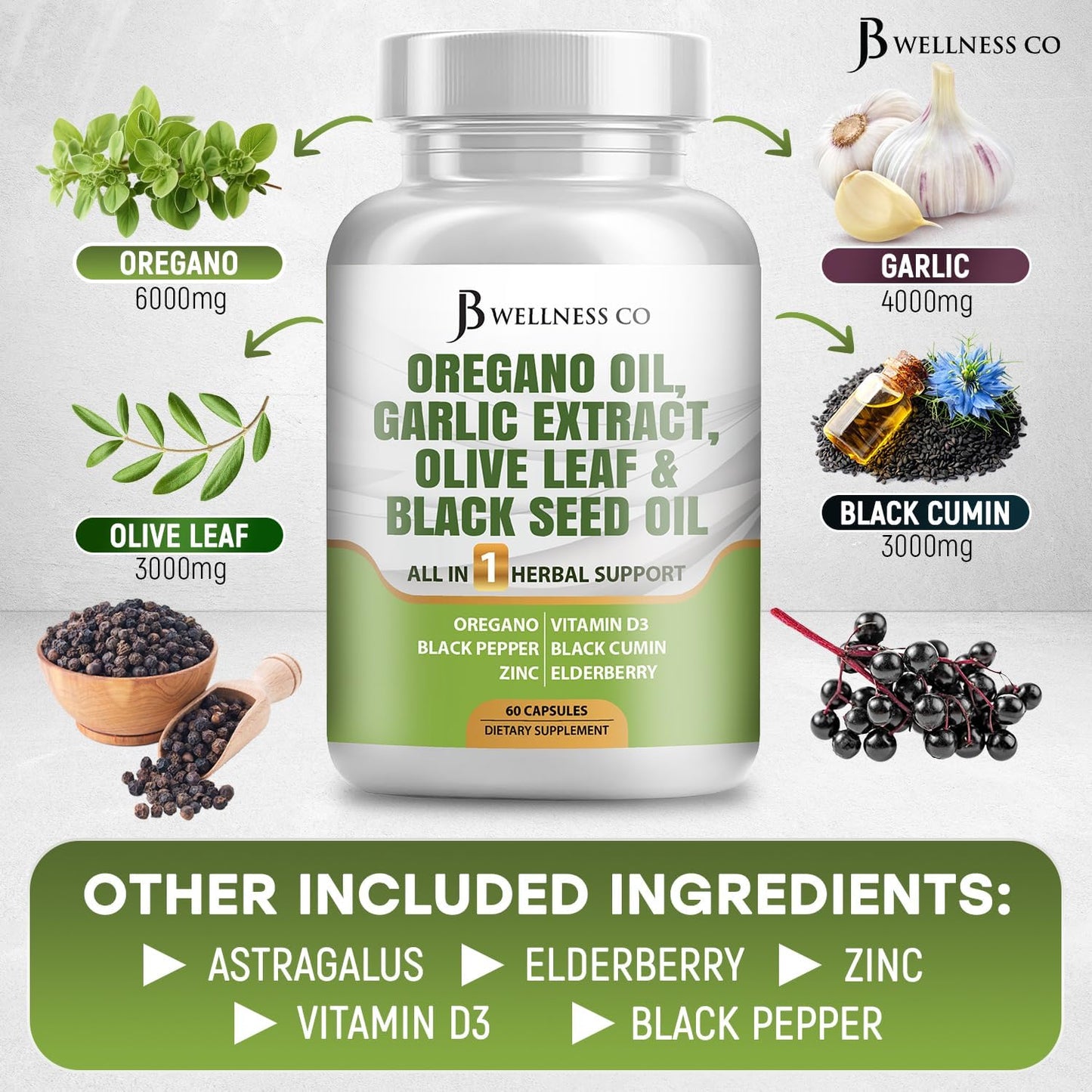 JB Wellness Co Immune Support Supplement for Women and Men - Oregano Oil, Garlic Extract, Olive Leaf, Astragalus - 180 Count