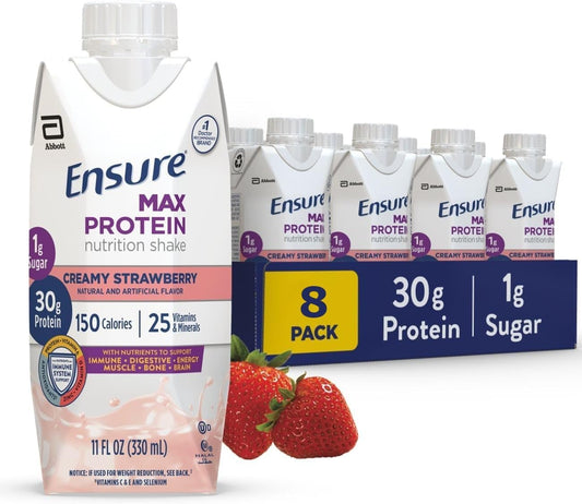 JÁCLER Ensure Max Protein Shake, Creamy Strawberry Flavor, 30g Protein, 1g Sugar, 11 fl oz, Pack of 8