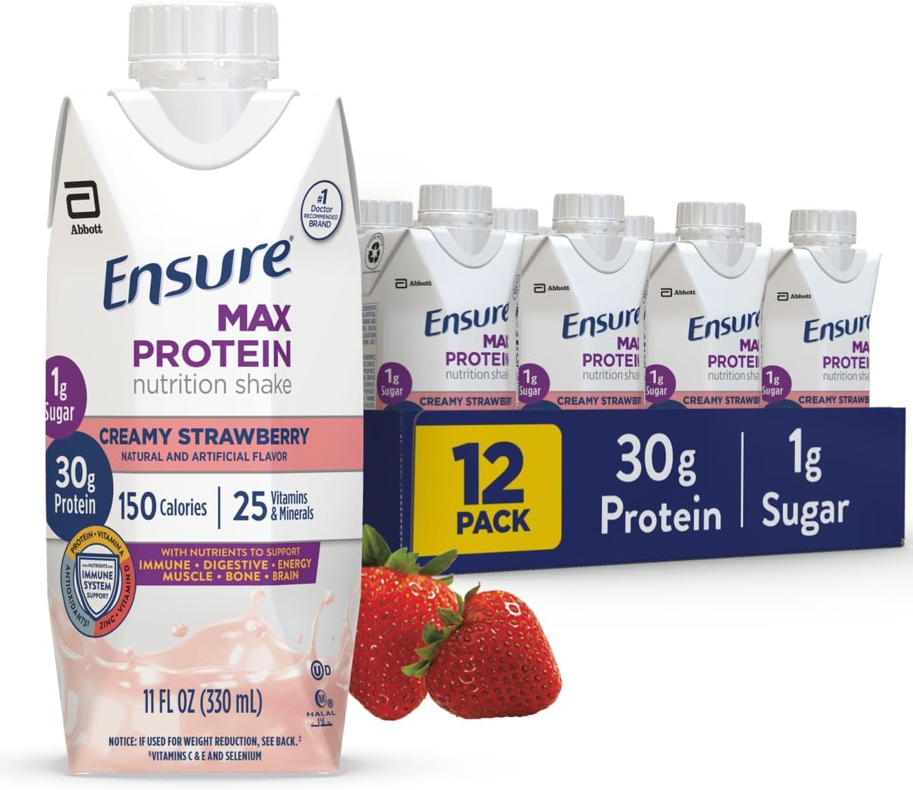 JÁCLER Ensure Protein Shake - 30g Protein, 1g Sugar, Creamy Strawberry Flavor - 11 fl oz (Pack of 12)