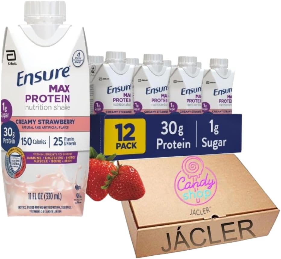 JÁCLER Ensure Protein Shake - 30g Protein, 1g Sugar, Creamy Strawberry Flavor - 11 fl oz (Pack of 12)