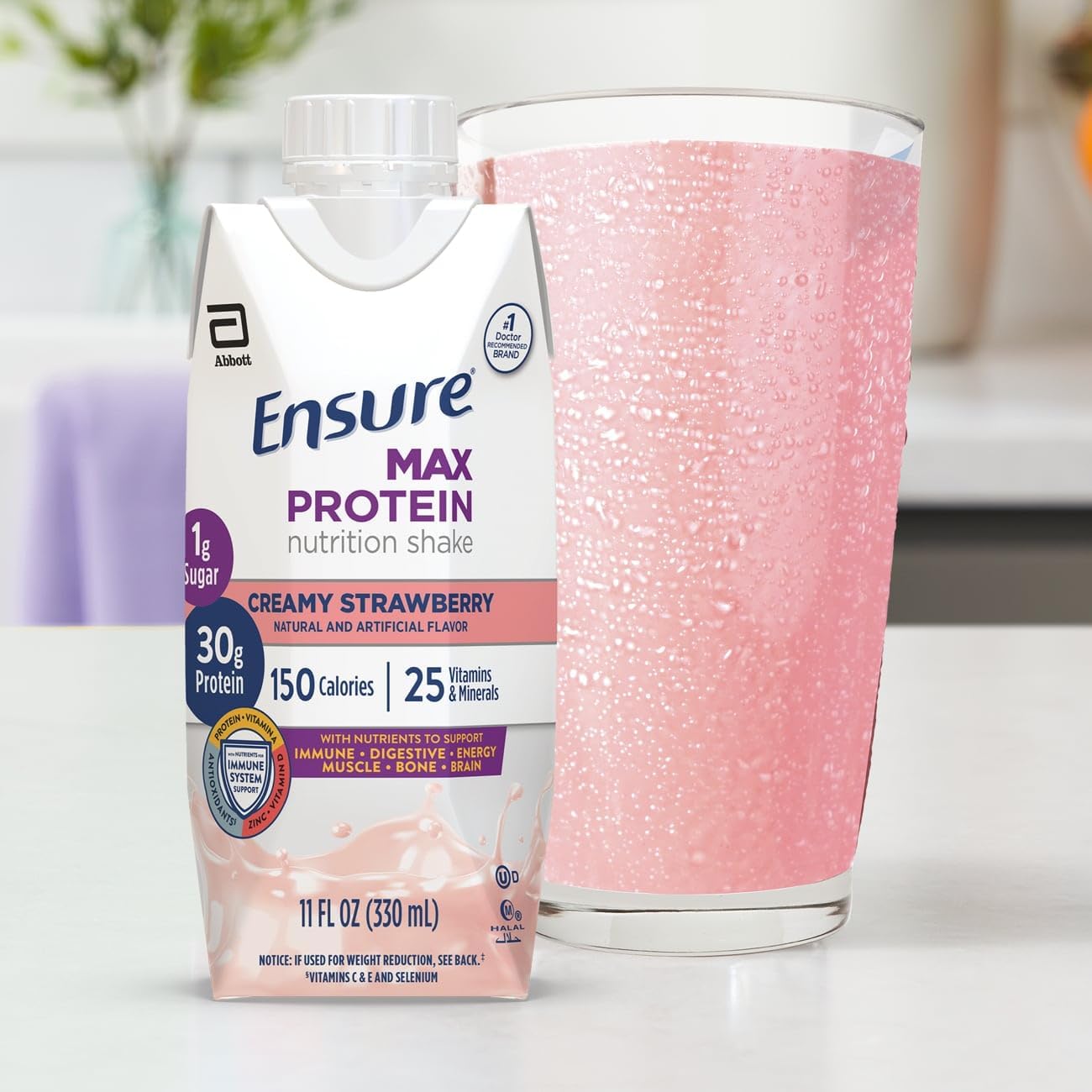 JÁCLER Ensure Protein Shake - 30g Protein, 1g Sugar, Creamy Strawberry Flavor - 11 fl oz (Pack of 12)