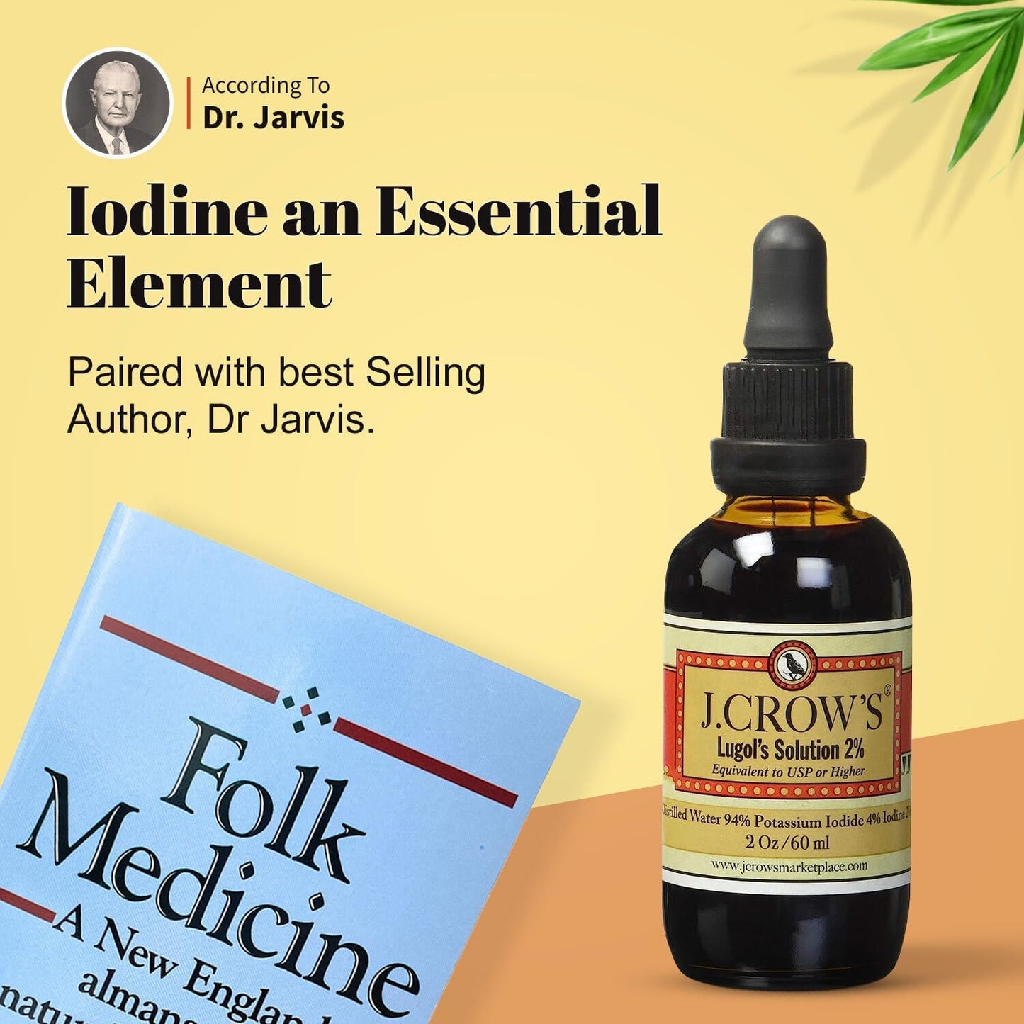 J.CROW'S® Lugol's 2% Iodine Solution & 'Folk Medicine' Book Bundle: Trusted Iodine Formula with Natural Health Wisdom