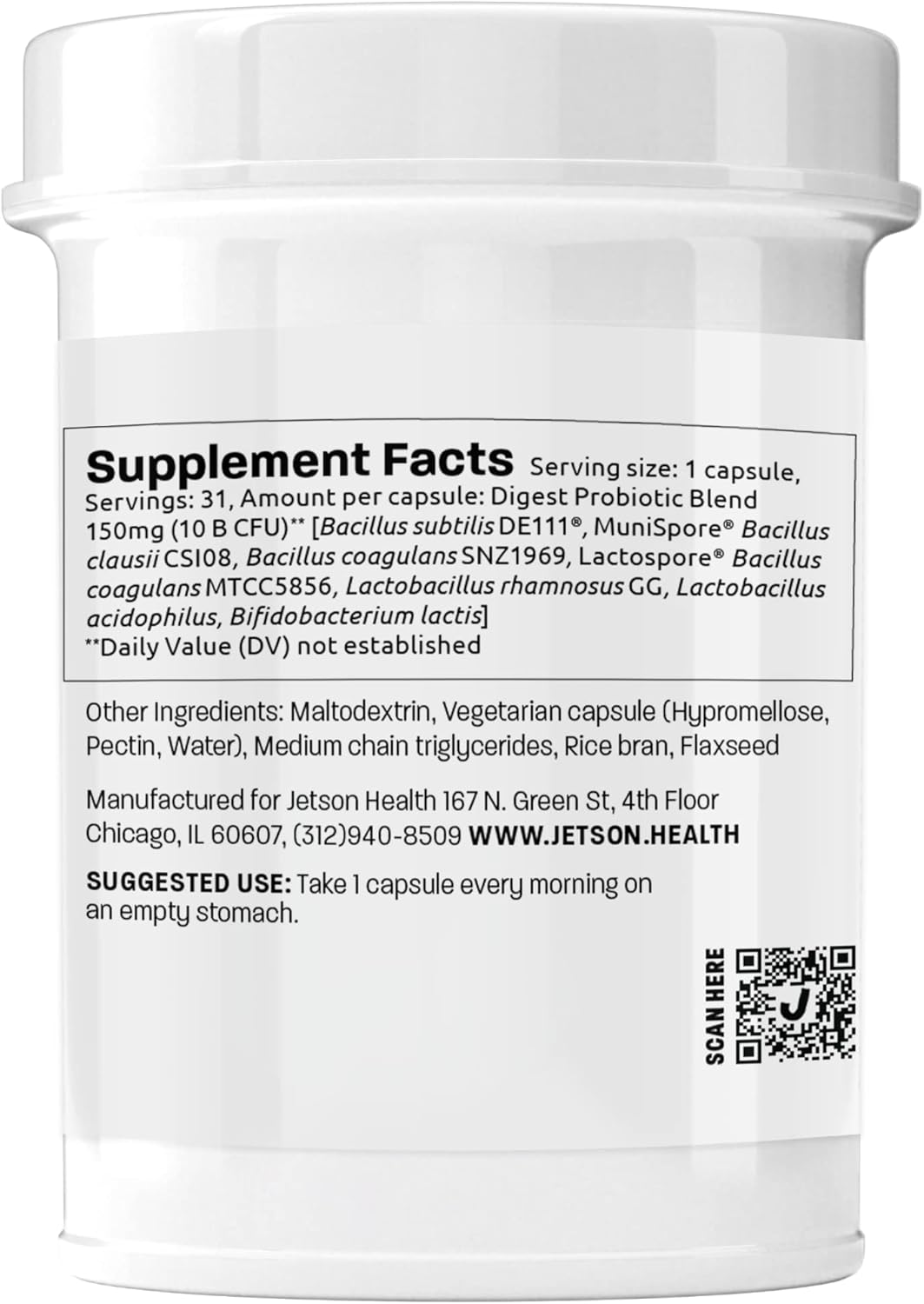 Jetson Digest - Probiotic Supplement for Digestion & Immune Support - Enhances Bowel Regularity, Reduces Bloating, Boosts Immunity - Gluten Free, Vegetarian, Non-GMO - 31 Capsules