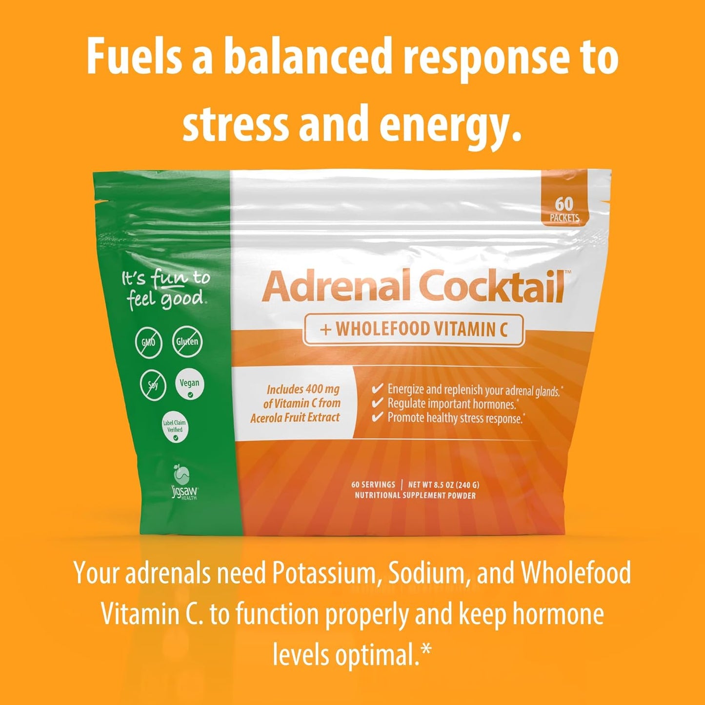 Jigsaw Health Adrenal Cocktail with Wholefood Vitamin C - Potassium Bicarbonate, Sea Salt, Acerola Cherry Extract - 60 Packets