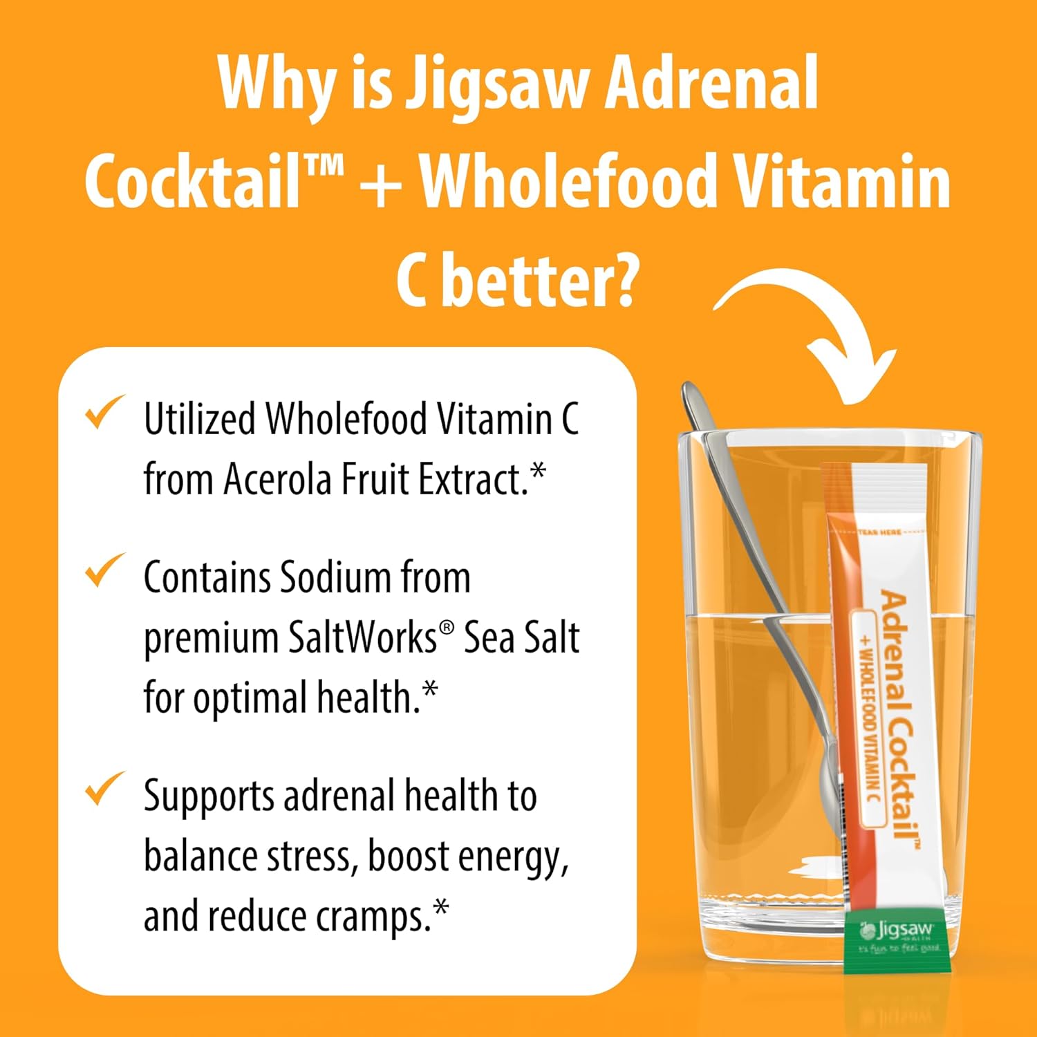 Jigsaw Health Adrenal Cocktail with Wholefood Vitamin C - Potassium Bicarbonate, Sea Salt, Acerola Cherry Extract - 60 Packets