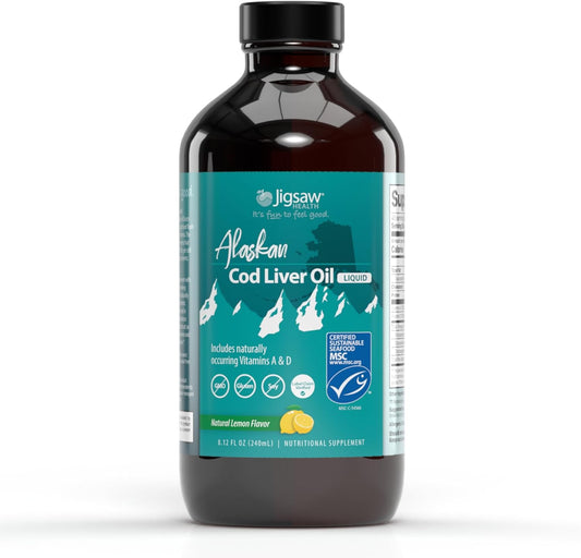 Jigsaw Health Alaskan Cod Liver Oil Liquid - 1000 mg Omega-3s with EPA, DHA, and DPA - Lemon Flavor - 240 mL Bottle