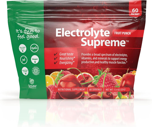 Jigsaw Health Electrolyte Supreme in Fruit Punch Flavor - 60 Packets with Broad Spectrum of Electrolytes and Trace Minerals