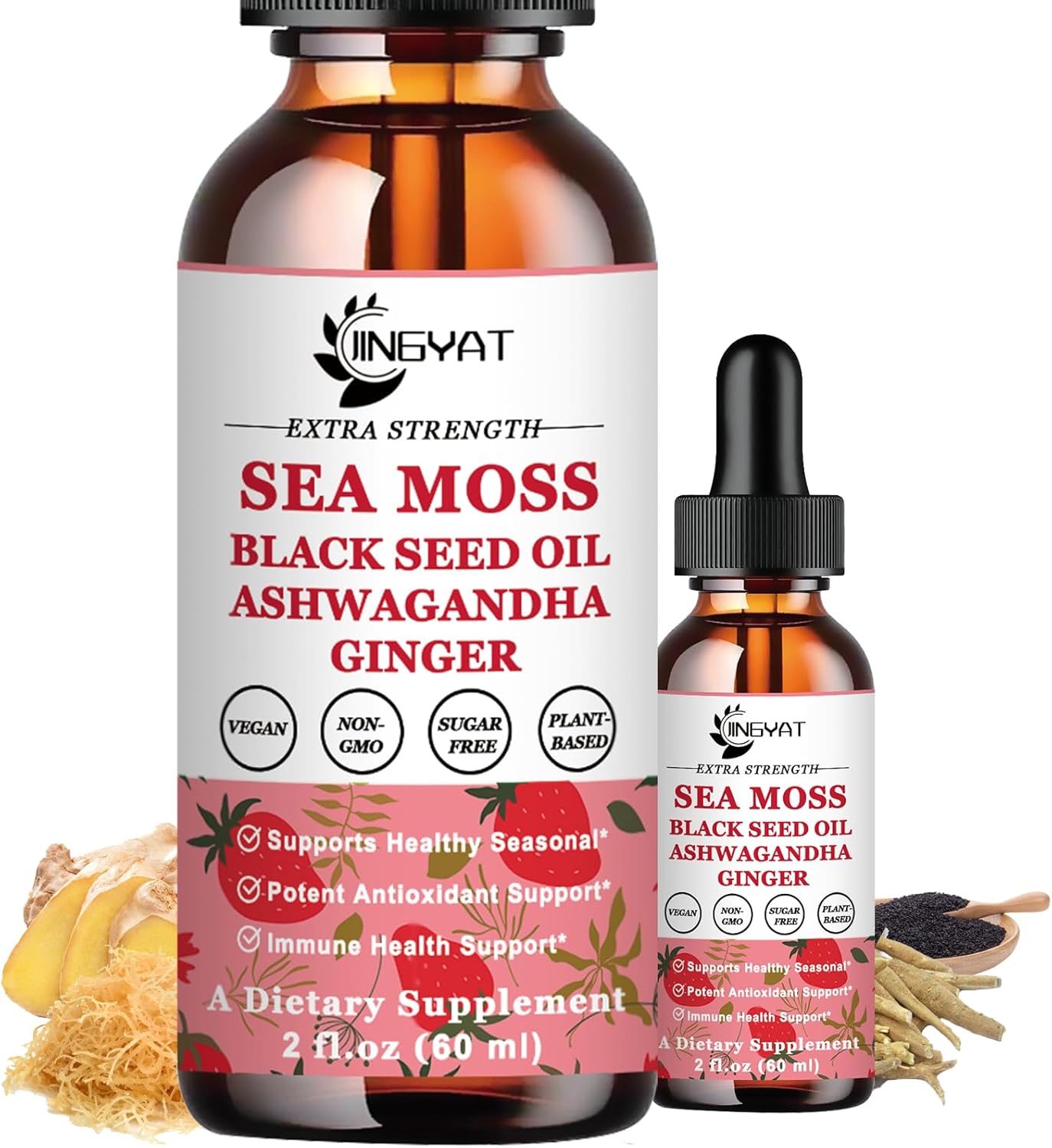 JINGYAT Sea Moss Black Seed Oil Ashwagandha Ginger Liquid Drops with Burdock Root & Bladderwrack for Immune, Skin, & Hair Health - Vegan Irish Sea Moss, High in Vitamins, 6X Potency