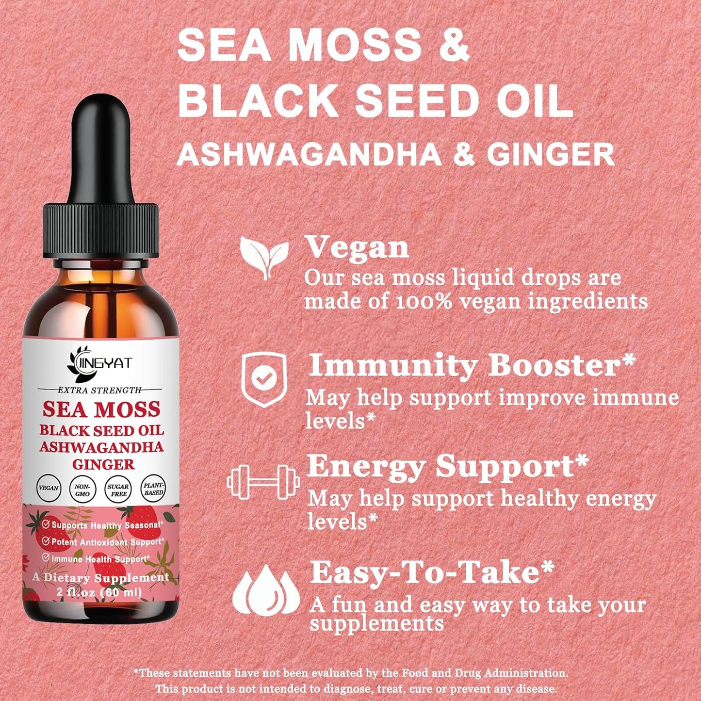 JINGYAT Sea Moss Black Seed Oil Ashwagandha Ginger Liquid Drops with Burdock Root & Bladderwrack for Immune, Skin, & Hair Health - Vegan Irish Sea Moss, High in Vitamins, 6X Potency