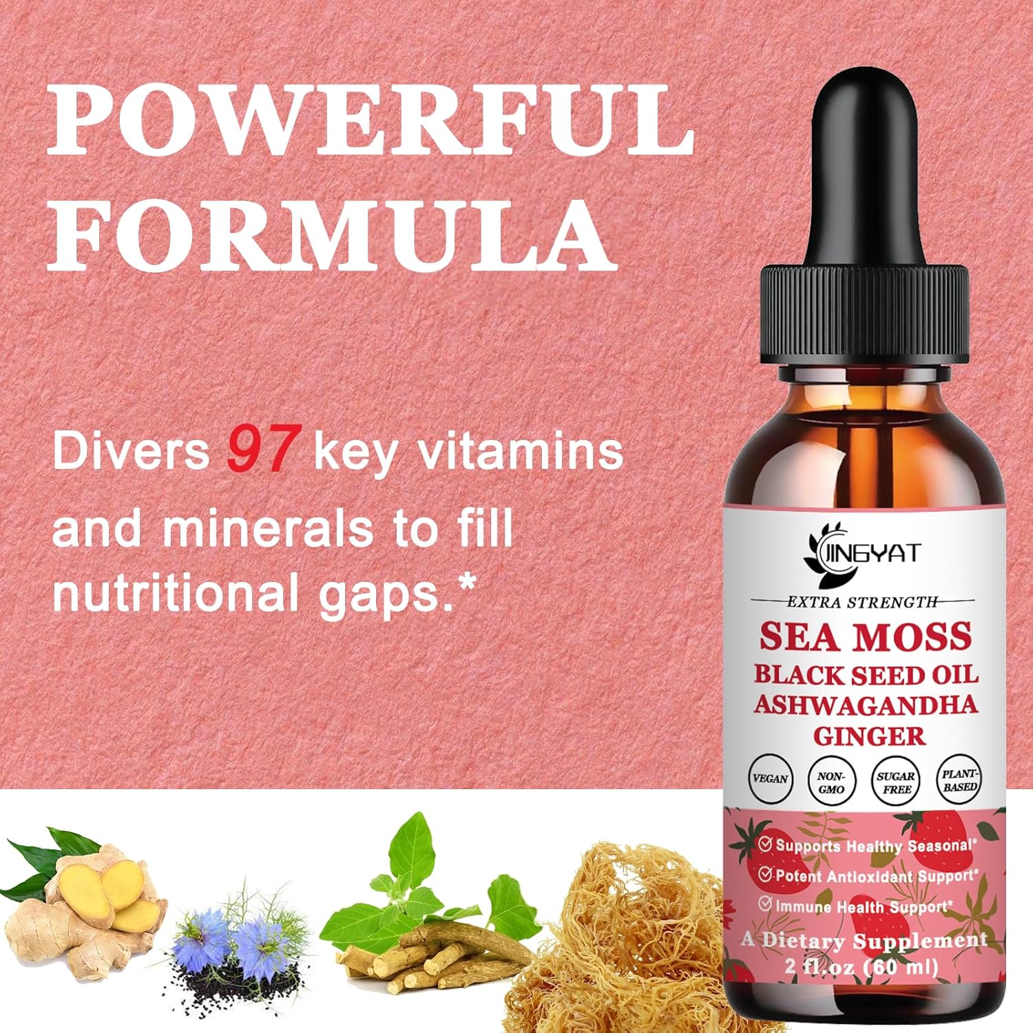 JINGYAT Sea Moss Black Seed Oil Ashwagandha Ginger Liquid Drops with Burdock Root & Bladderwrack for Immune, Skin, & Hair Health - Vegan Irish Sea Moss, High in Vitamins, 6X Potency