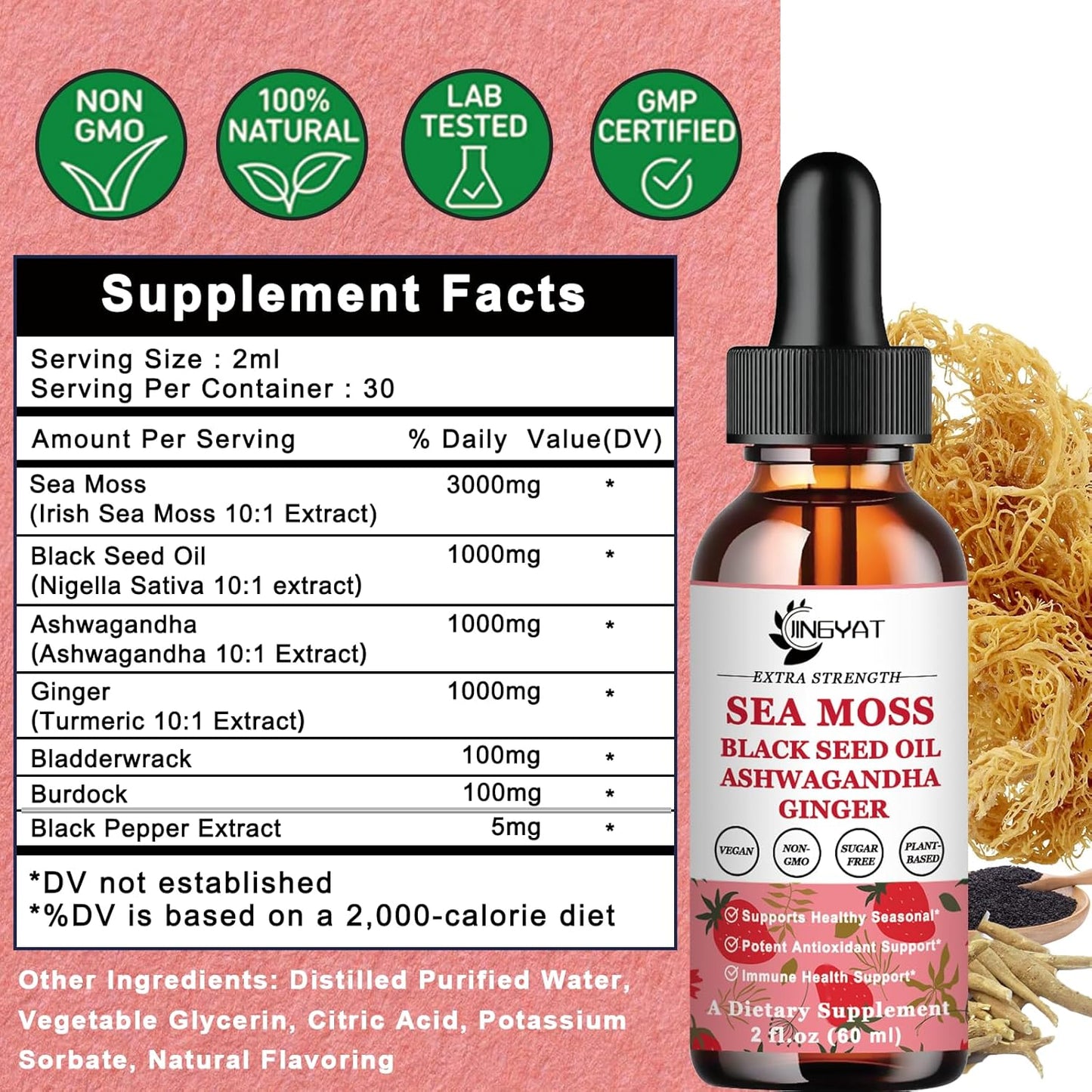 JINGYAT Sea Moss Black Seed Oil Ashwagandha Ginger Liquid Drops with Burdock Root & Bladderwrack for Immune, Skin, & Hair Health - Vegan Irish Sea Moss, High in Vitamins, 6X Potency