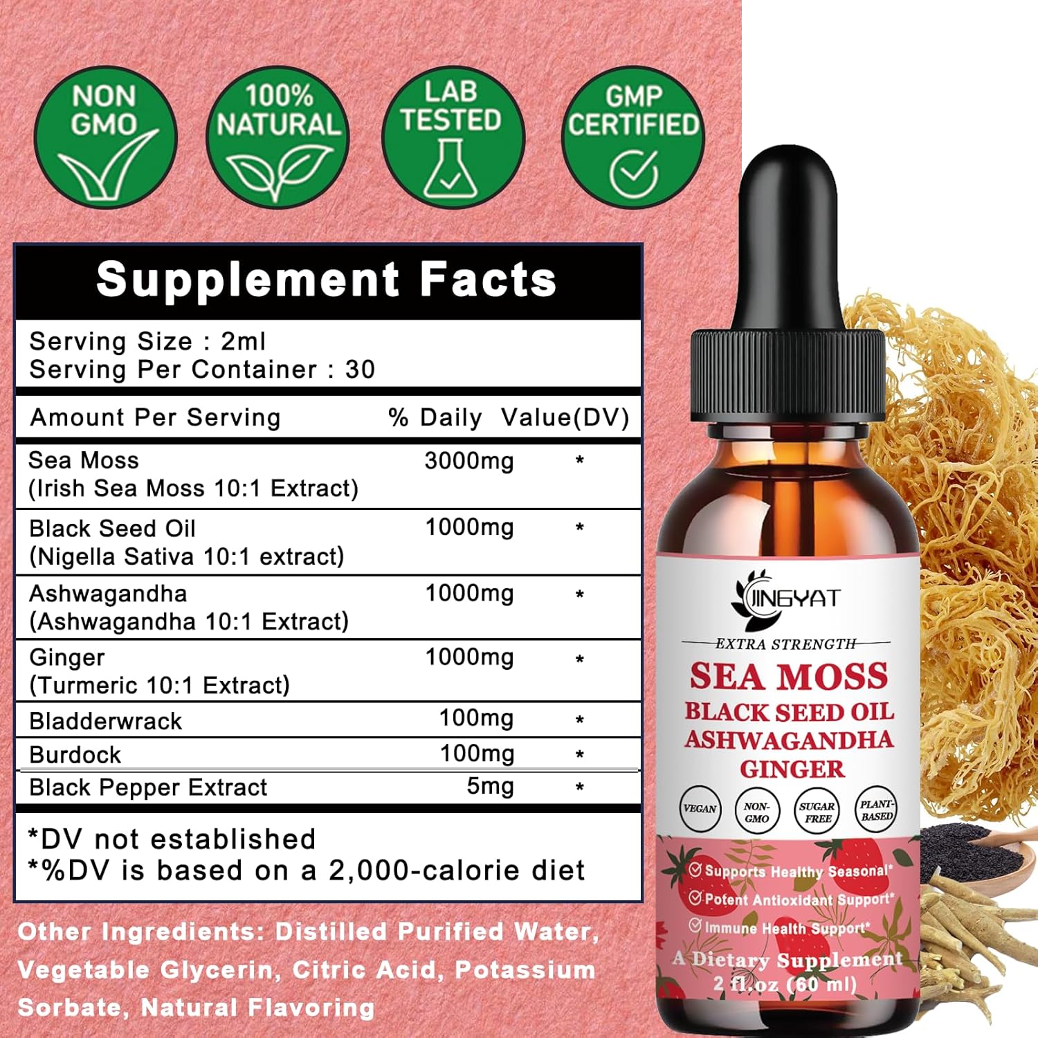 JINGYAT Sea Moss Black Seed Oil Ashwagandha Ginger Liquid Drops with Burdock Root & Bladderwrack for Immune, Skin, & Hair Health - Vegan Irish Sea Moss, High in Vitamins, 6X Potency