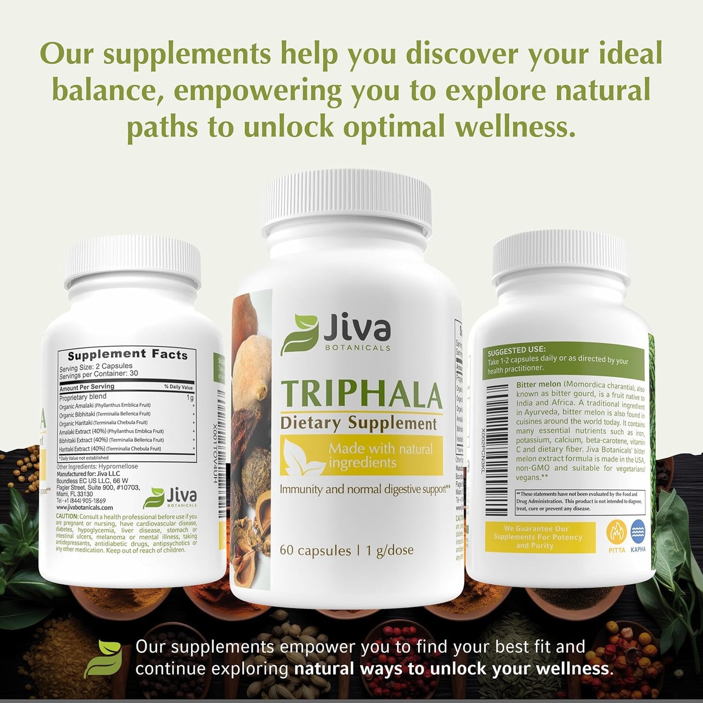 Jiva Botanicals Triphala Capsules - Natural Blend of Amalaki, Bibhitaki, and Haritaki Powder for Digestive Health and Immune Support - 60 Caps
