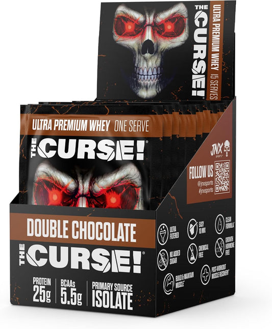 JNX SPORTS The Curse! Double Chocolate Whey Protein Powder Samples - 25g Protein, Primary Source Isolate - 15 Box Pack