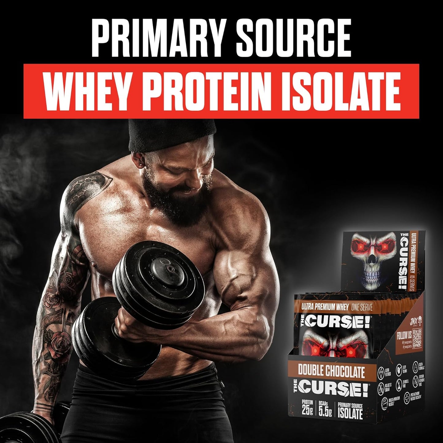 JNX SPORTS The Curse! Double Chocolate Whey Protein Powder Samples - 25g Protein, Primary Source Isolate - 15 Box Pack