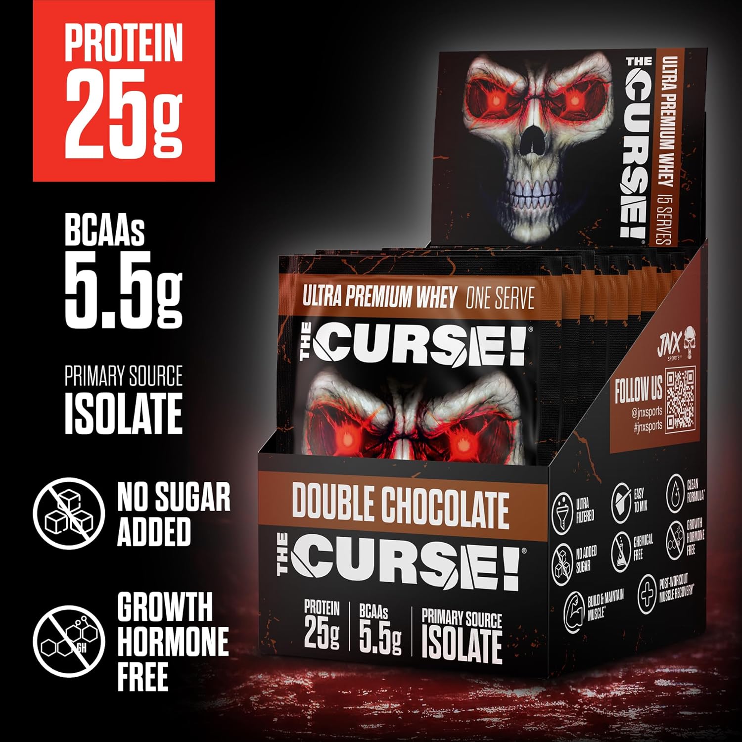 JNX SPORTS The Curse! Double Chocolate Whey Protein Powder Samples - 25g Protein, Primary Source Isolate - 15 Box Pack