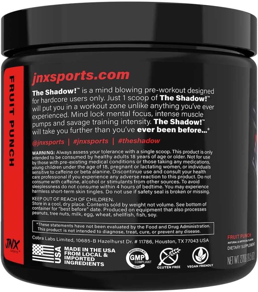 JNX SPORTS The Shadow Preworkout: Fruit Punch, 30 Servings, 350mg Caffeine for Energy & Strength - Men & Women