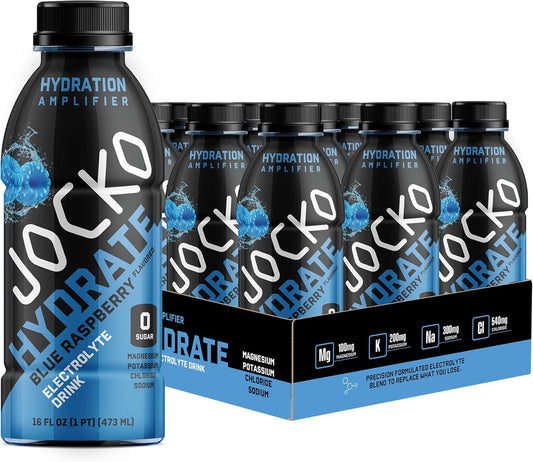 Jocko Fuel Hydrate Electrolyte Drinks - Blue Raspberry 16 Oz (12 Pack) - Sports Drink with Scientifically Formulated Electrolyte Blend for Hydration and Energy Boost