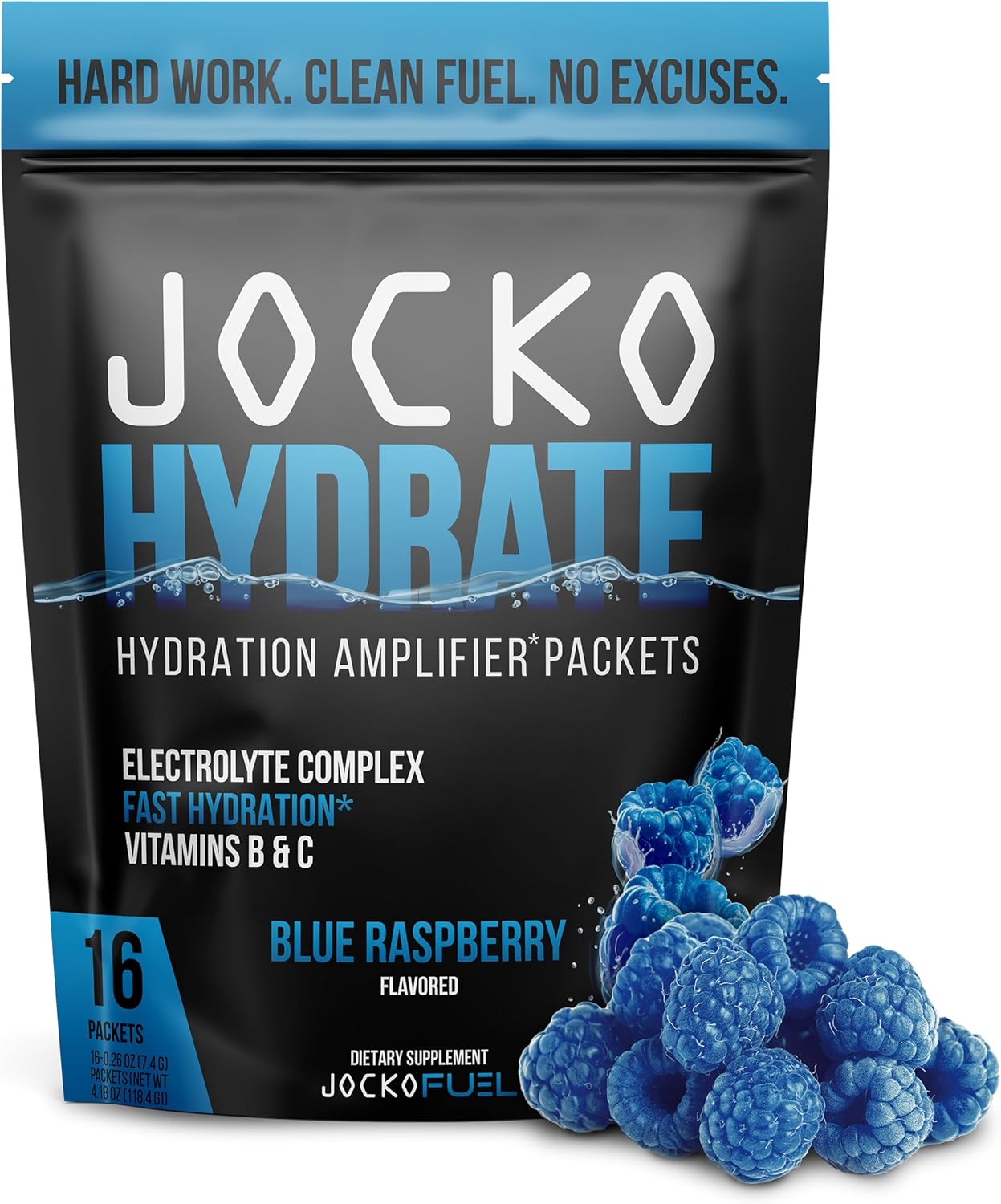 Jocko Fuel Hydrate Electrolytes Powder Packets - Low Sugar, Hydration Amplifier for Recovery & Exercise - Blue Raspberry Flavor with Vitamins - 16 Packets