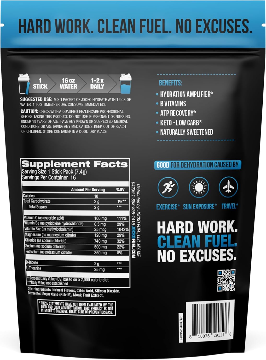 Jocko Fuel Hydrate Electrolytes Powder Packets - Low Sugar, Hydration Amplifier for Recovery & Exercise - Blue Raspberry Flavor with Vitamins - 16 Packets