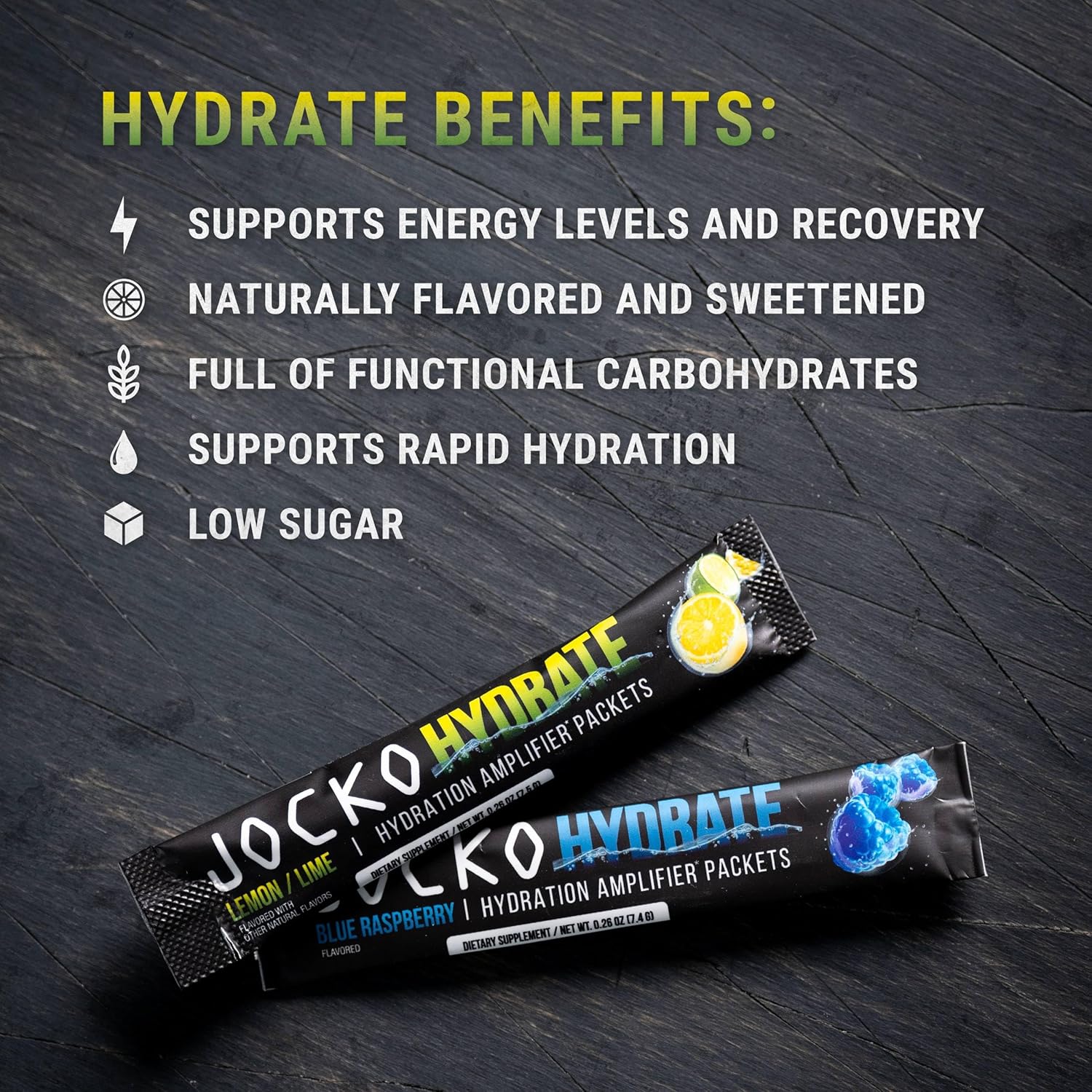 Jocko Fuel Hydrate Electrolytes Powder Packets - Low Sugar, Hydration Amplifier for Recovery & Exercise - Blue Raspberry Flavor with Vitamins - 16 Packets