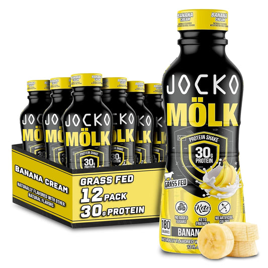 Jocko Fuel Jocko Mölk Grass Fed Protein Shakes - Banana Cream Flavor, 30g Protein, No Added Sugar, KETO-Friendly, Ready to Drink 12 FL Oz (Pack of 12)