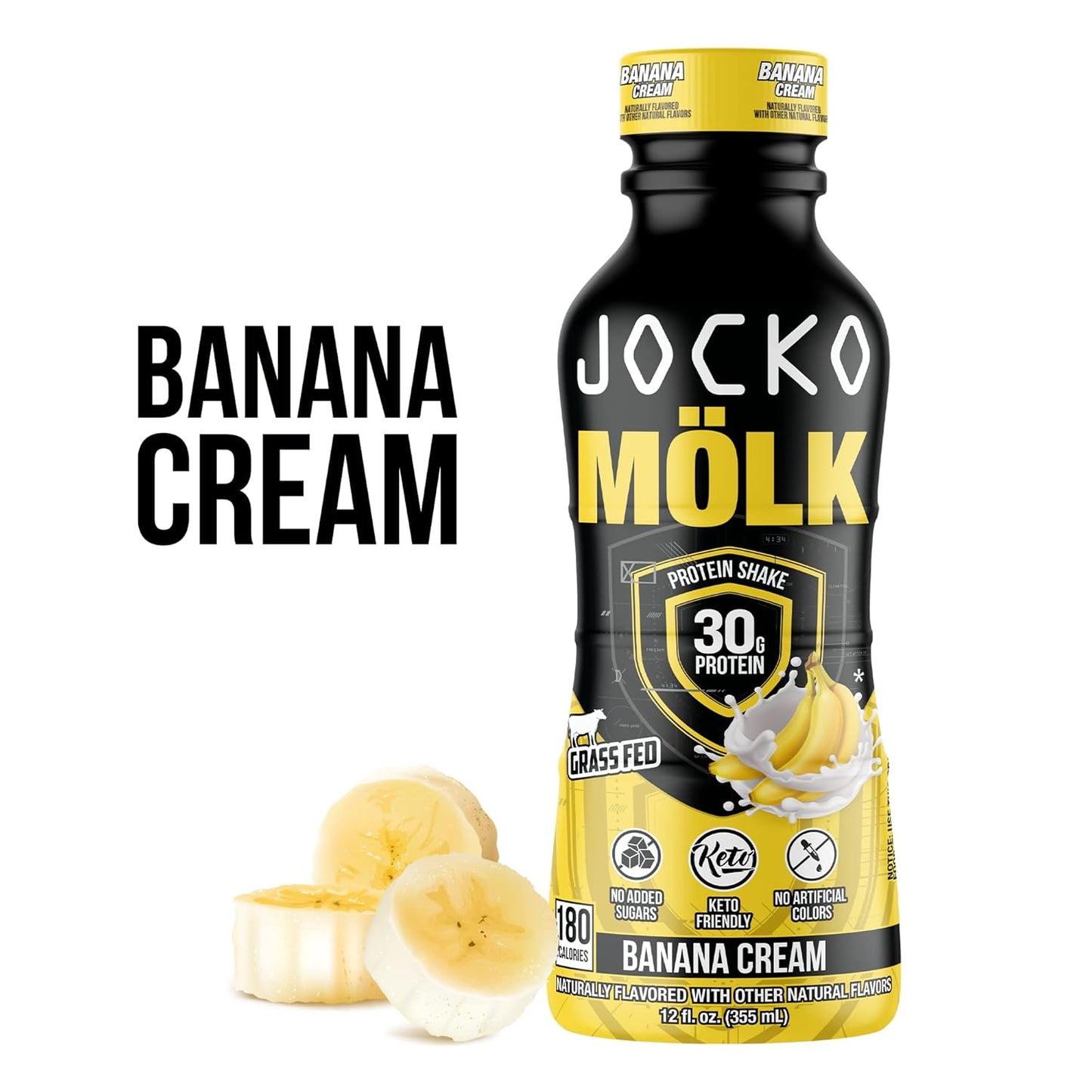 Jocko Fuel Jocko Mölk Grass Fed Protein Shakes - Banana Cream Flavor, 30g Protein, No Added Sugar, KETO-Friendly, Ready to Drink 12 FL Oz (Pack of 12)