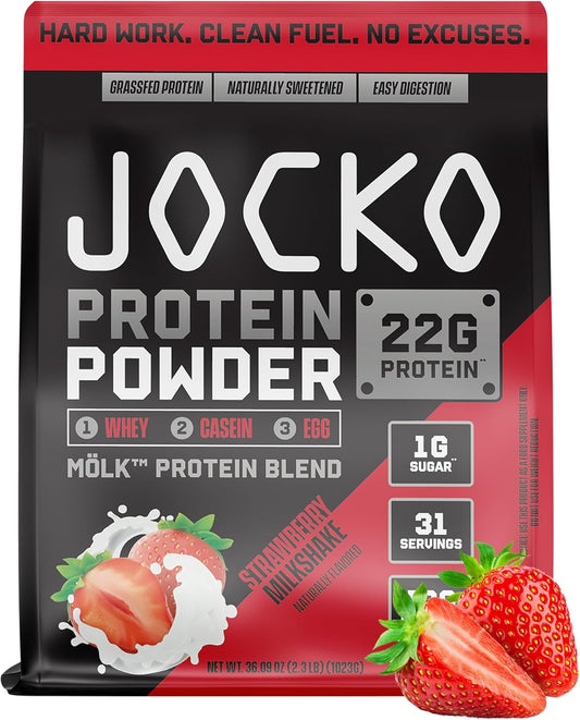 Jocko Mölk Whey Protein Powder - 22g Protein, Low Sugar Monk Fruit Blend for Muscle Recovery & Growth - Strawberry Milkshake Flavor - 31 Servings