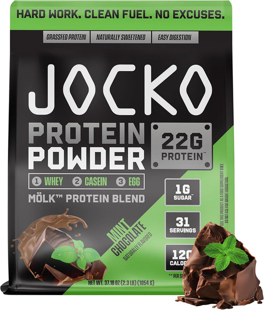 Jocko Mölk Whey Protein Powder - Low Sugar Monk Fruit Blend for Muscle Recovery & Growth - Mint Chocolate Flavor - 31 Servings